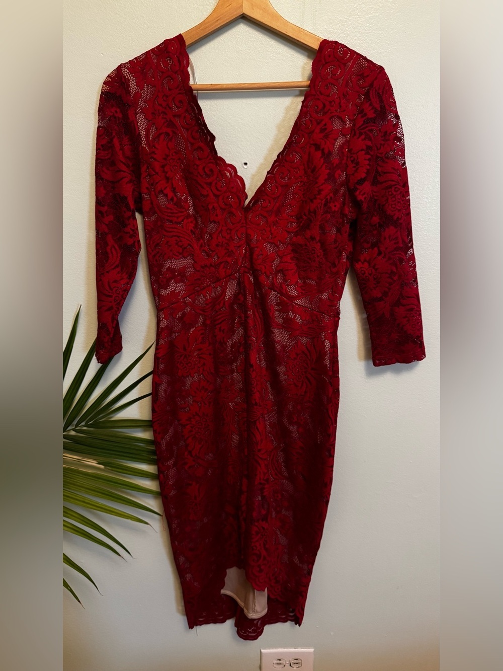 cameo Deep Red Lace V-Neck Long Sleeve Dress